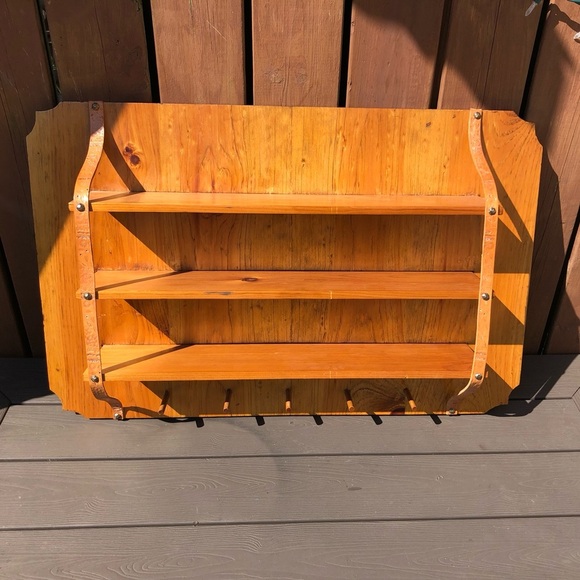 Vtg Wooden Shelf with Tooled Leather Detail - Picture 1 of 10
